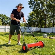 Push Reel Lawn Mower 14 Inch, 5-Blade Manual Reel Mower Walk-Behind, Adjustable Cutting Height Hand Push Mower for Small to Medium Yards, Quiet Lawn Care Tool, Red