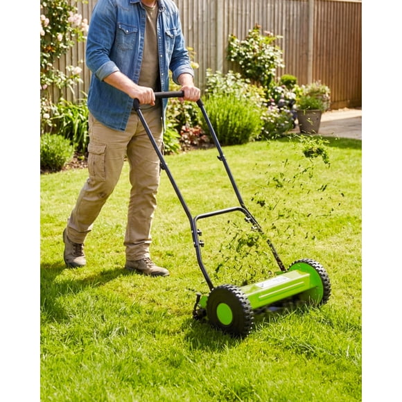 Push Reel Lawn Mower 14 Inch, 5-Blade Manual Reel Mower Walk-Behind, Adjustable Cutting Height Hand Push Mower for Small to Medium Yards, Quiet Lawn Care Tool, Green