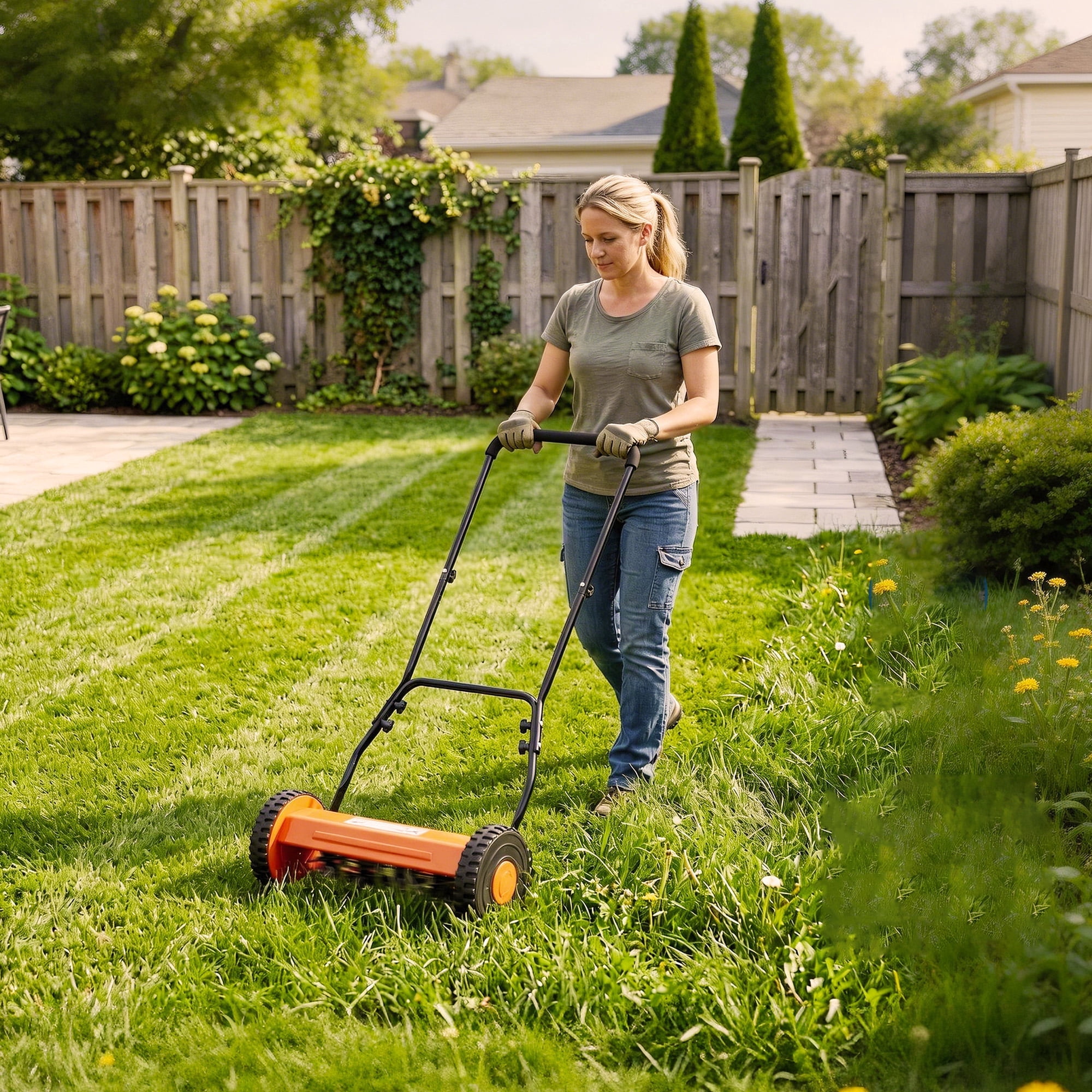 Push Reel Lawn Mower 14 Inch, 5-Blade Manual Reel Mower Walk-Behind, Adjustable Cutting Height Hand Push Mower for Small to Medium Yards, Quiet Lawn Care Tool, Orange