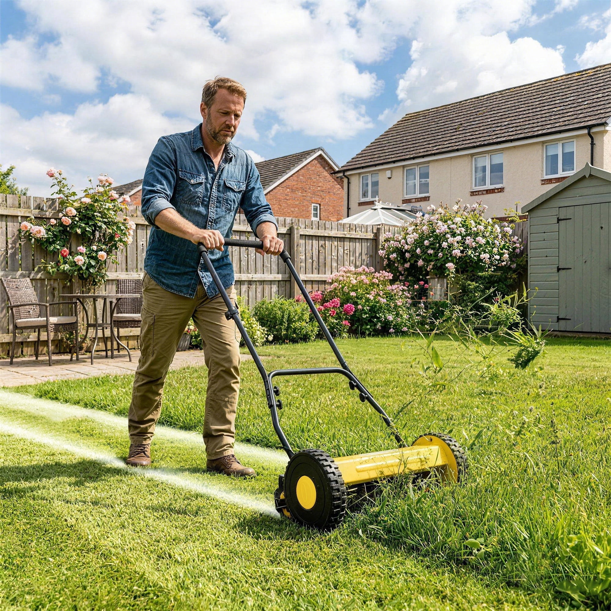 Push Reel Lawn Mower 14 Inch, 5-Blade Manual Reel Mower Walk-Behind, Adjustable Cutting Height Hand Push Mower for Small to Medium Yards, Quiet Lawn Care Tool, Yellow
