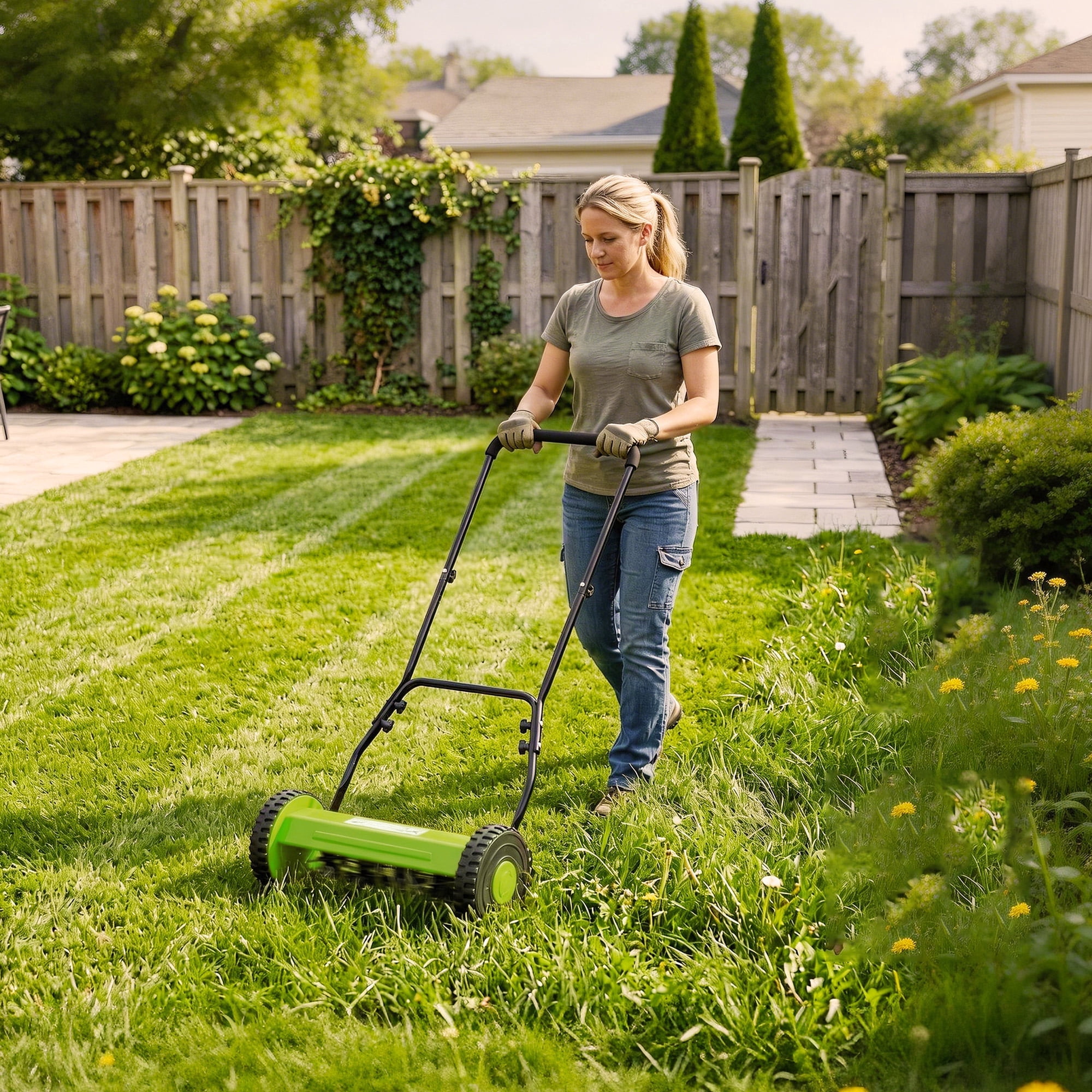 Push Reel Lawn Mower 16 Inch, 5-Blade Manual Reel Mower Walk-Behind, Adjustable Cutting Height Hand Push Mower for Small to Medium Yards, Quiet Lawn Care Tool, Green