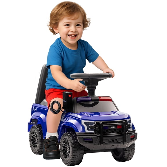 Push Ride-On Police Car with Working PA System & Horn, Foot-to-Floor Sliding Car, Under-Seat Storage, for 18-60 Months, Blue