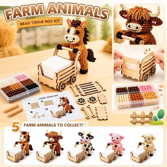Push & Roll Farm Animal DIY Bead Tissue Cart Kit, Handmade 3D Beaded DIY Kit, Cute Animal Tissue Holder DIY Set,Creative Arts & Crafts Gift for Handicraft Enthusiast Adults