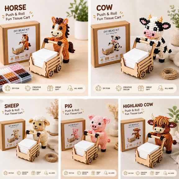 Push & Roll Farm Animal DIY Bead Tissue Cart Kit, Handmade 3D Beaded DIY Kit, Cute Animal Tissue Holder DIY Set,Creative Arts & Crafts Gift for Handicraft Enthusiast Adults