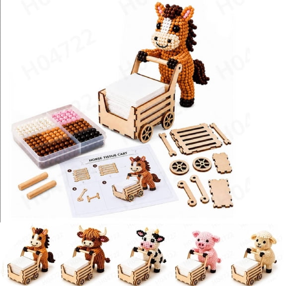Push & Roll Farm Animal DIY Bead Tissue Cart Kit, Handmade 3D Beaded Highland Cow DIY Kit, Mini Creative Animal Push Roll Cart Bead Craft Set Decor Gift for Beginner(A)