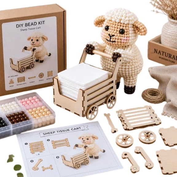 Push And Roll Farm Animal Sheep DIY Bead Tissue Cart Kit Handmade Bead Craft Cart With Cute Animal Sheep Tissue Holder For Desk Kitchen Coffee Bar And Farmhouse Decor