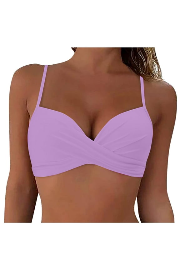 Push Up Swim Top Women Back Stainless Steel Hooks Swimwear Tops Full Coverage Bikini Top Push Up Swim Crop Top Tie Back Bathing Suit Tops Female Womens Bikini & Tankini Tops(Purple,S)