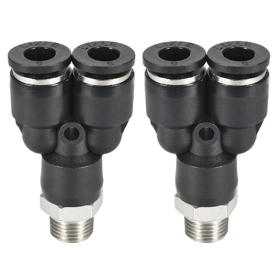 Push To Connect Fittings Y Type Tube Connect 6mm OD x 1/8PT Male Thread Tube Fittings Push Lock Black 2Pcs