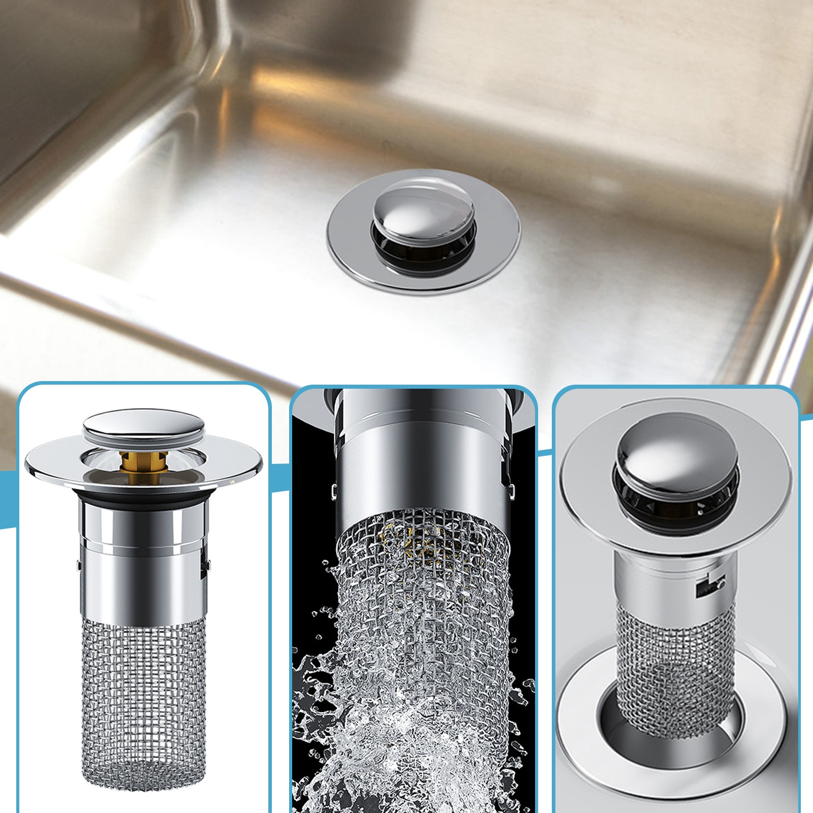 Push-Type Stainless Steel Sink Drain, Universal Plug-in Floor Drain for ...