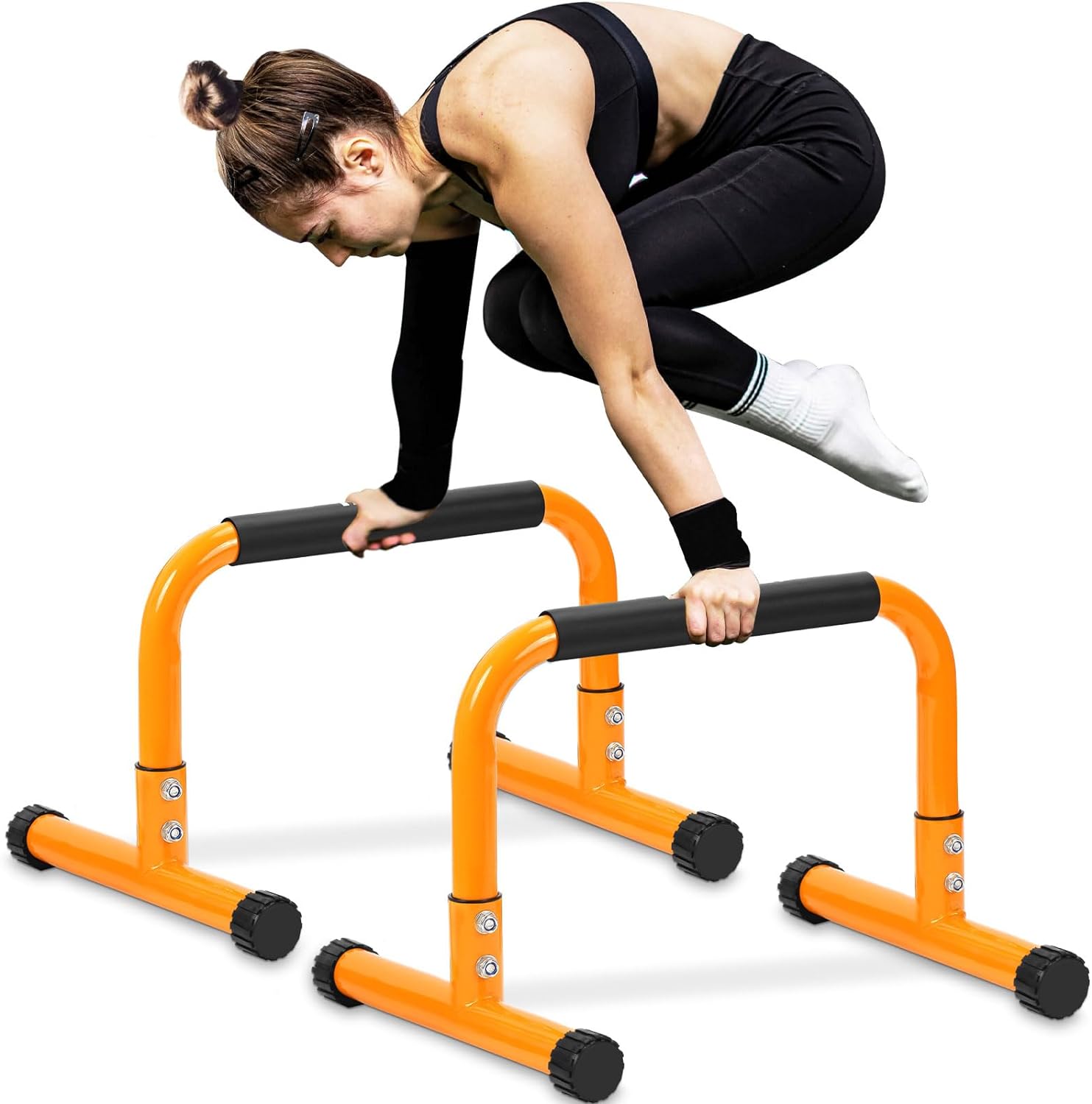 Push Up Bar, 14'' High Steel Parallettes & Dip Bar with Full Coverage