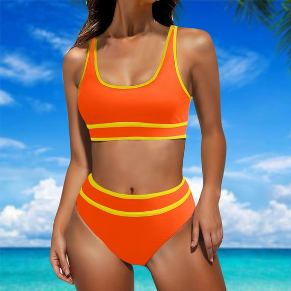 Push Up Bikini Sets for Women High Waisted Color Blocked Seamless Bra and Full Coverage Bottom Bathing Suits