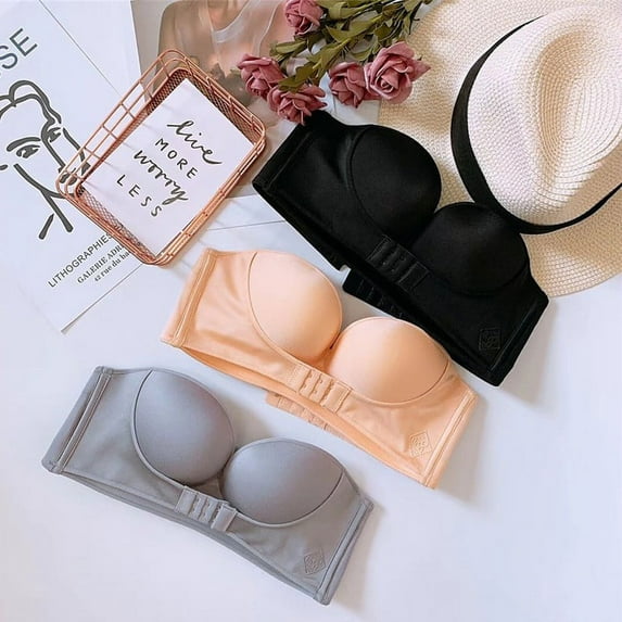 Push Up Bra for Women, Strapless Anti-Slip Invisible Microfiber Convertible Strapless Front Buckle Lift Bra