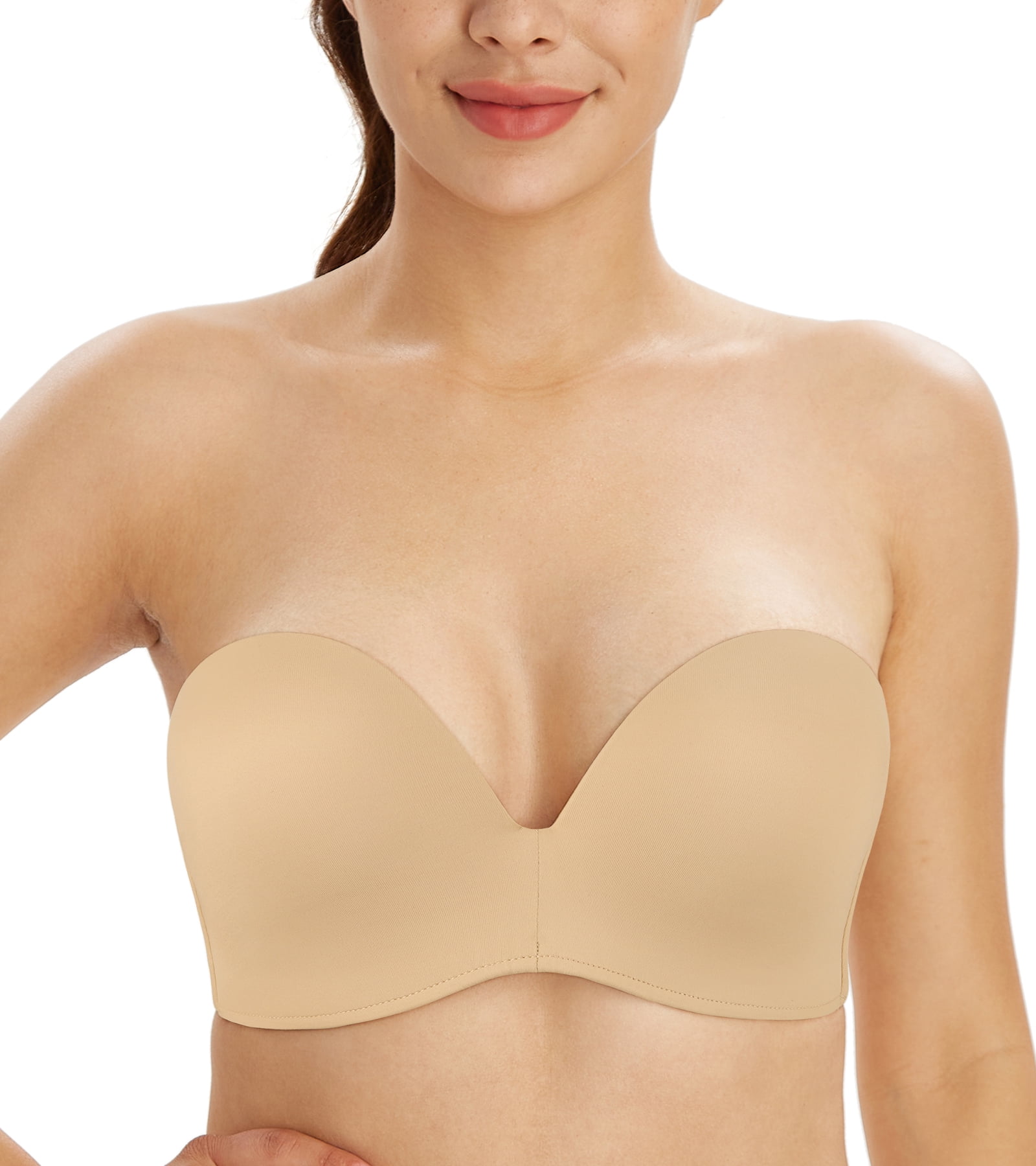 Exclare Lace Embroidery Wirefree Anti-slip Push Up Strapless Bra Women Hand  Shape Everyday Bras Custom Lift(Beige-Lace Black,30D）