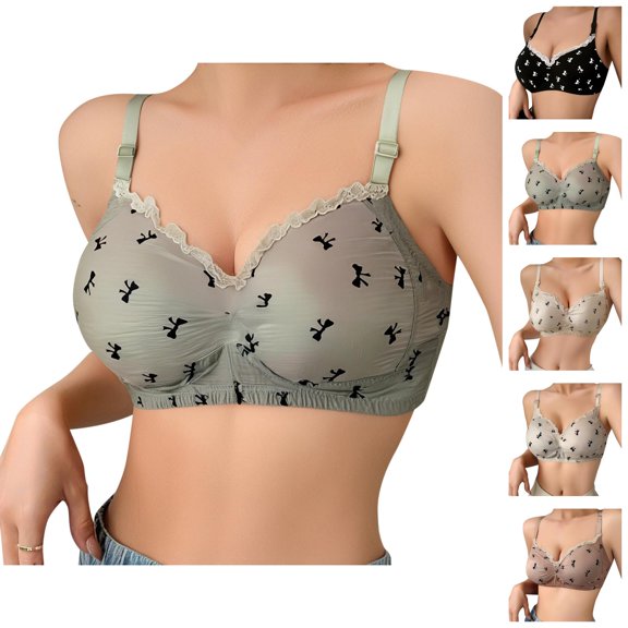 Push Up Bras for Women Cute Bow Printed Lace Trim Wireless Anti-Sagging Bralettes Everyday Bra