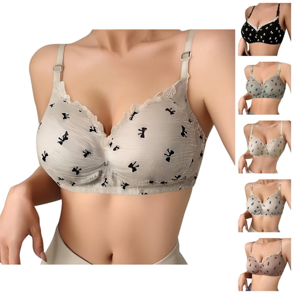 Push Up Bras for Women Cute Bow Printed Lace Trim Wireless Anti-Sagging Bralettes Everyday Bra
