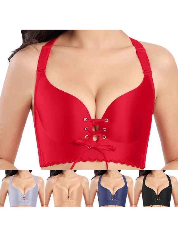 Push Up Bras for Women, Plus Size Solid Color Drawstring Gathered Bra, Side Breast Containment Support Underwear for Outdoor | TruHer,Blue 50D