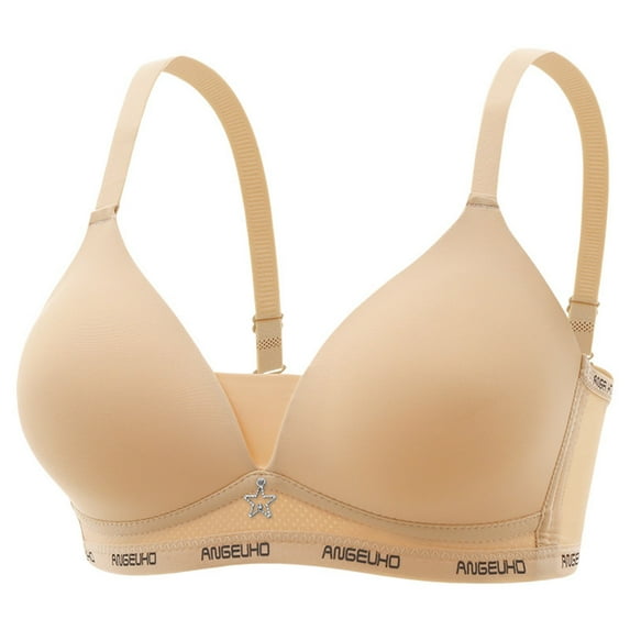 Push Up Bras for Women Wireless Ribbed Hollow Front Full Coverage Bralette Low Support Comfort T-Shirt Bra Minimizers, Beige, 38/85