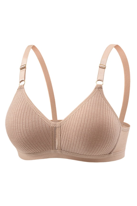 Push Up Bras for Women Wireless Ribbed Hollow Front Full Coverage Bralette Low Support Comfort T-Shirt Bra Minimizers, Khaki, 34/75
