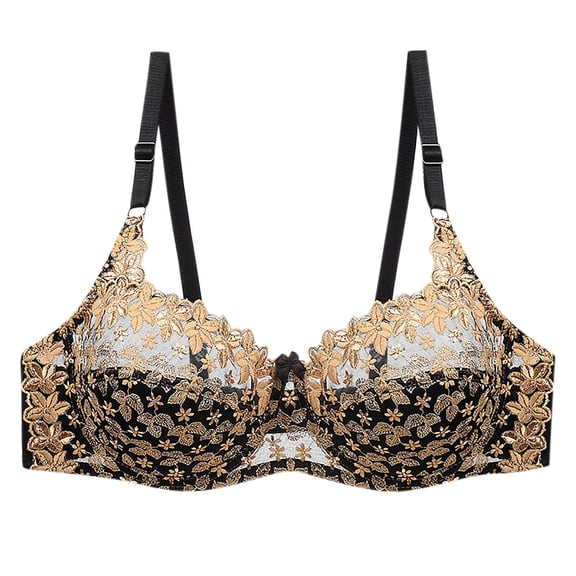 Push Up Lace Bra for Women Underwire Plus Size Comfortable Bralette Embroidery Comfortable Push Up Hollow Out Bra Underwear Gold XXXL