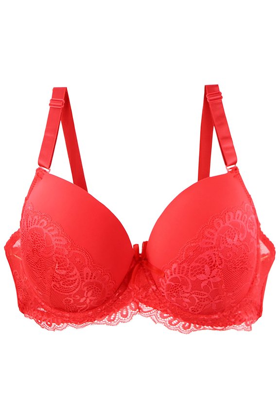 Push Up Lace Bra for Women Underwire Plus Size Comfortable Brassiere Red L