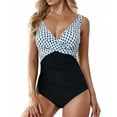 thumbnail image 1 of Push Up One Piece Swimsuit for Women with Tummy Control, Retro Ruched Ruffles, Slimming Vintage Padded Swimwear, 1 of 5