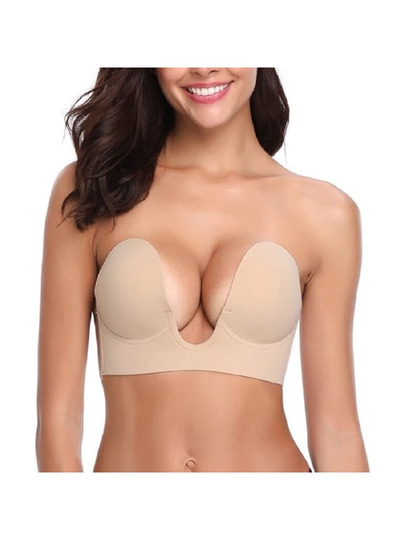Push Up Plunge Strapless Sticky Adhesive Bra Deep U-Shaped Invisible Backless Bra for Women B