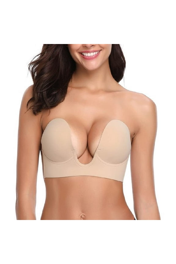 Push Up Plunge Strapless Sticky Adhesive Bra Deep U-Shaped Invisible Backless Bra for Women B