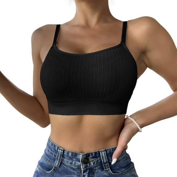 Push Up Sports Bras for Women Sexy Low U Back Spaghetti Strap Bralette Wirefree Full Coverage Yoga Fitness Running Bra, Black, M