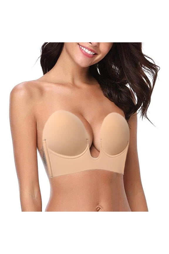 Push Up Strapless Sticky Adhesive Invisible Backless Bras Plunge Reusable Magic Bra for Women - Skin Colour