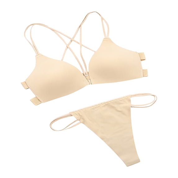 Push-Up T-Shirt Bra Women Fashion Lace Backless Solid Strap Wrap Plus Size Bra Underwear V-Neck No Underwire Bra Feature Front Snap Closure Demi & Balconette Bra Style Y-132 , Beige XL