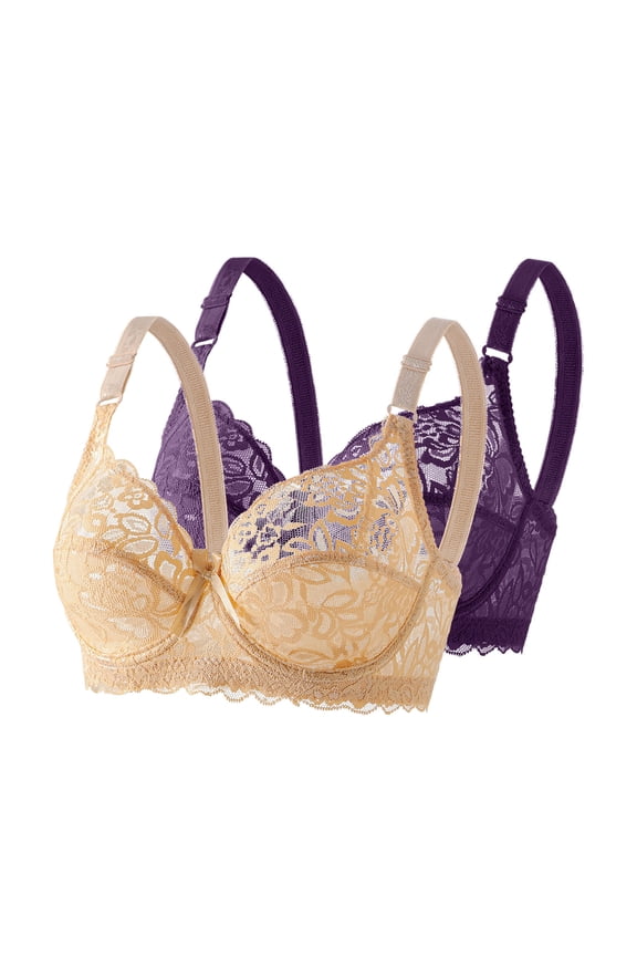 Push-Up Underwire Bras Womens 2 PCS Floral Lace Lift Everyday Bra Breathable Supportive Unlined Bralettes(Purple 40C)