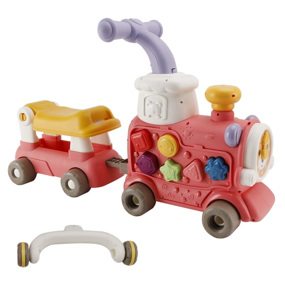 5-in-1 Baby Steam Train Walker – Sit-to-Stand with Seat, 10+ Montessori Activities (Animal Sounds, Storybook, Car Window, Speed Gear, Clock, Shape Sorting, Phone), Realistic Steam Effect – Safe Round