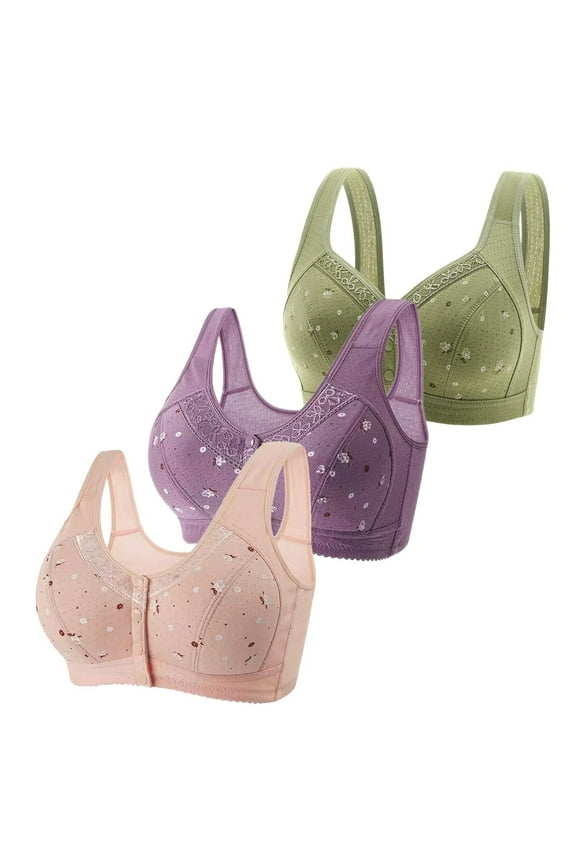 Push Up Women's Bra 3 Pack Daisy Bras For Older Women 2024 Front Close Button Cotton Bras Comfortable Full Support Wide Back No Underwire Bras, Women's Bra 42