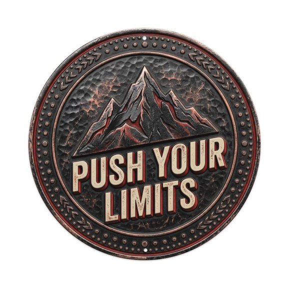 Push Your Limits Nostalgic Workshop Ornament Retro Slogans Vintage Metal Tin Sign Plaque Wall Decor for Cafe, Club, Garden Round Metal Poster 8x8Inch