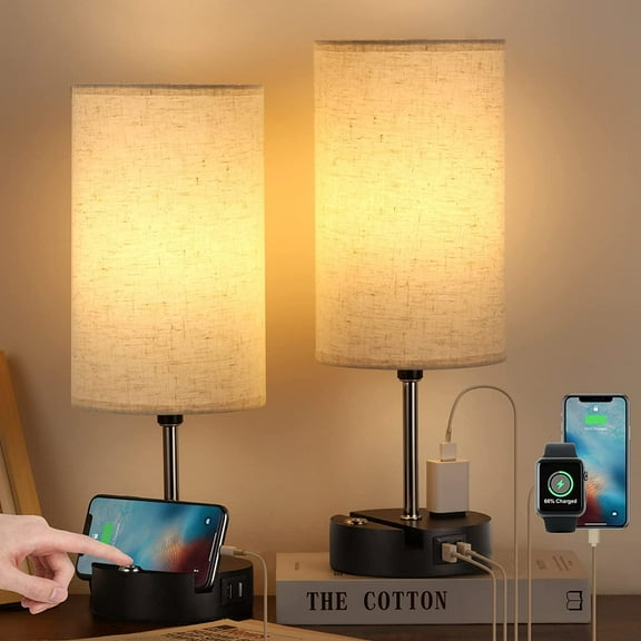 Push-button Touch Control 3-segment Dimming Table Lamp, Including Led Bulb, Two-piece set with Usb Port and Socket Phone Holder for Bedside Living Room, Black Base