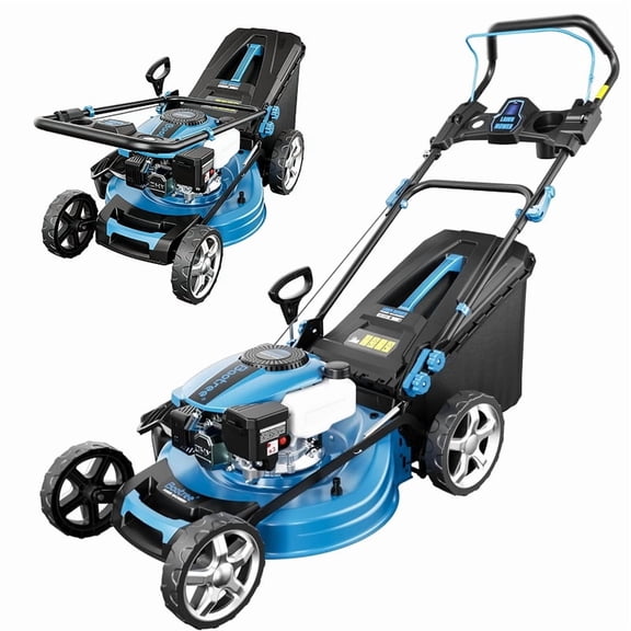 Push lawnmower, 21-inch gasoline-powered lawnmower, 210cc four-stroke engine, height adjustable, 62L hay bin, suitable for backyards and farms.