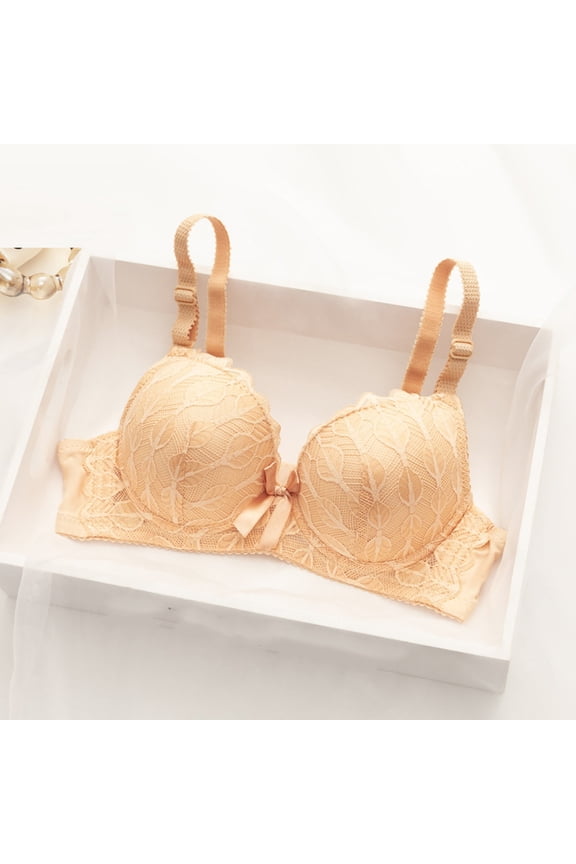 Push up Bra for Women Lace Wireless Underwear Adjustable Straps Low Cut Bras Lightly Lined Lace Bralettes Bralette for Lady Cups Beige 34