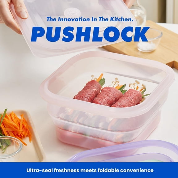 PushLock Collapsible Food Storage Container & Smart Cooking Steam Tray, 60oz, PINK&RED