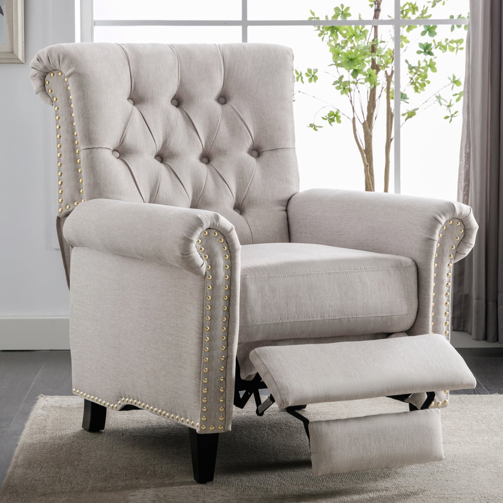 Pushback Linen Tufted Fabric Manual Recliner Chair Single Sofa Home Theater Seating with Nailheads Roll Arm Comfortable Bedroom Living Room Chair Reclining Sofa Tan Walmart