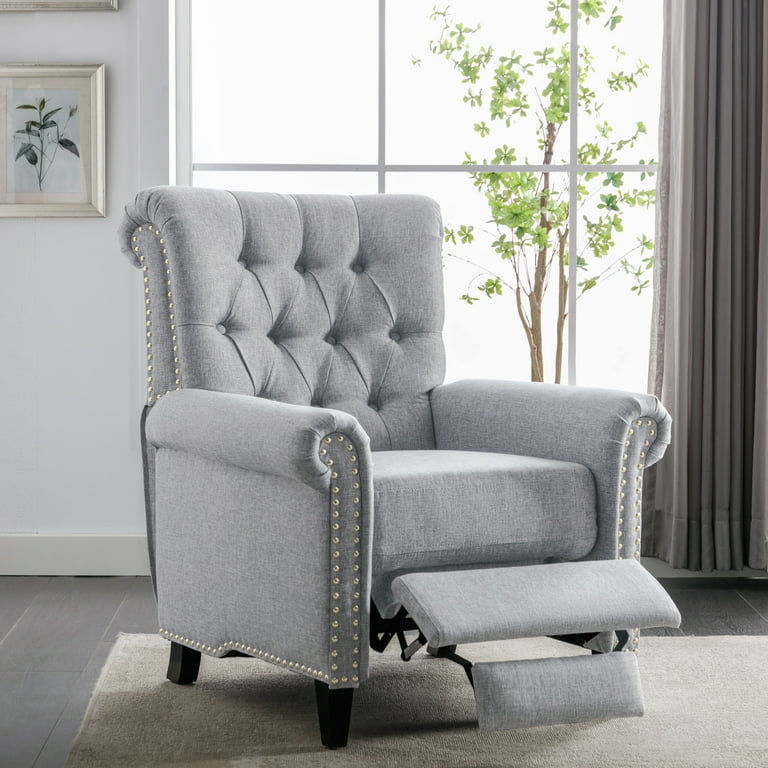 Pushback Linen Tufted Recliner Single Sofa with Nailheads Roll Arm for Living Room Bedroom Office Gray Walmart