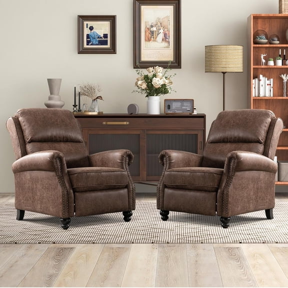 Pushback Recliner Chair Faux Leather Armchair Push Back Recliner with Rivet Decoration Single Sofa Accent Chair for Living Room, Dark Grey