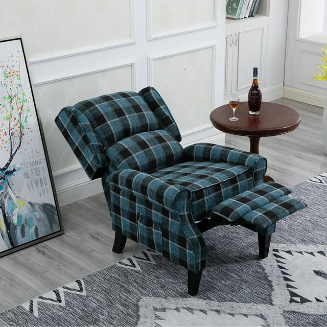 Pushback Recliner Chair, Plaid Wingback Accent Chair with Adjustable