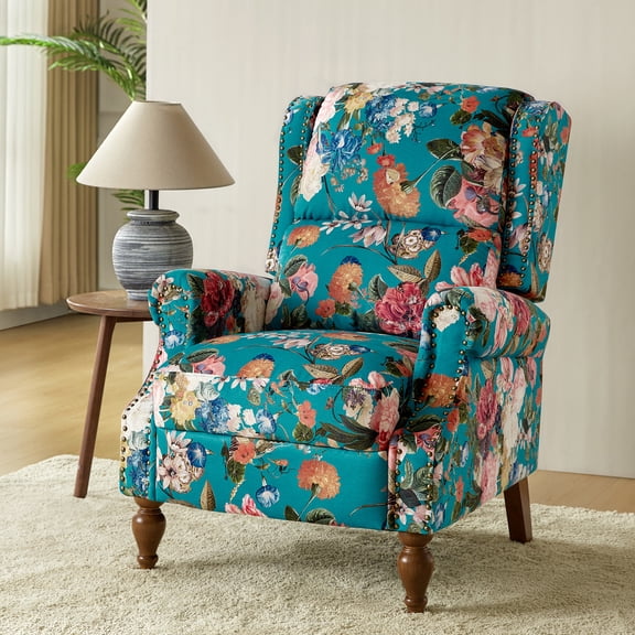 Pushback Recliner Chair Upholstered Floral Fabric Wingback Single Sofa Accent with Wood Legs Rivet Decoration for Living Room Bedroom Peacock