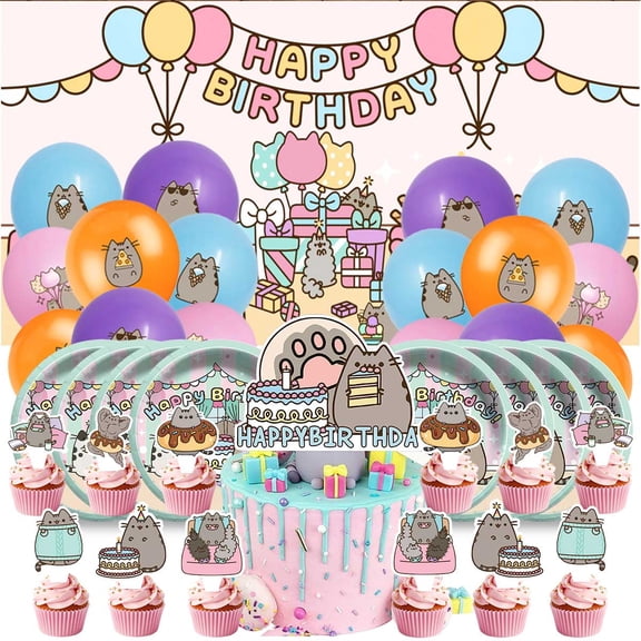 Pushe Cartoon Cat Birthday Party Supplies Balloons Plates Cake Decoration Topper Decor Tableware Banner Backdrop