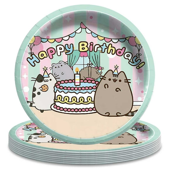 Pushee Cartoon Cat Birthday Decorations Plates Party Supplies Tableware Disposable Dinnerware