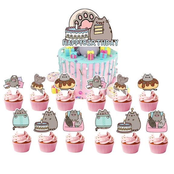 Pushee Cartoon Cat Cake Topper Cupcake Set Party Supplies Decoration Birthday Decor Kit