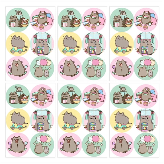 Pushee Cartoon Cat Stickers Party Favors Labels Birthday Thank You Themed Round Circle Baby Shower 60pcs