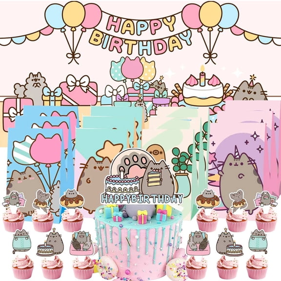 Pushee Cartoon Cat Treat Bags Candy Decor Decorations Party Favor Supplies Birthday Cake Topper Backdrop Banner