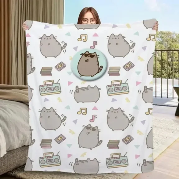 Pusheen Adorable Cat Face Throw Blanket, Soft Flannel Fleece Blanket, Cozy Lightweight Blanket for Bed Sofa Couch, Home Decor Gift for Fans