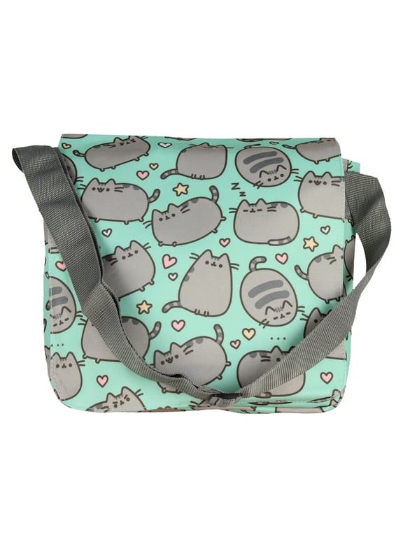Cat All Over Print Teal Cross Body Messenger Shoulder Bag Purse